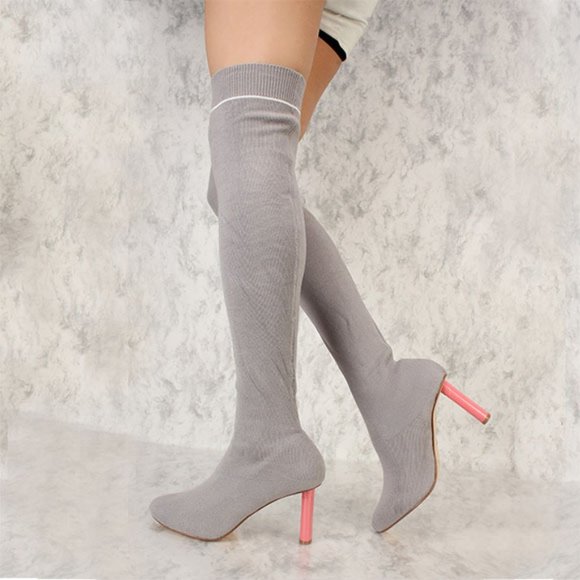 Grey Round Toe Over The Knee Thigh High Chunky Pink Heel Knit Sock Boots 🍄 - Picture 2 of 10